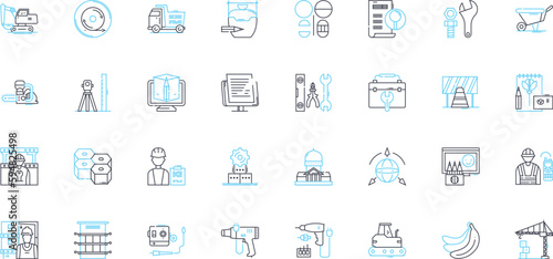 Blueprinting linear icons set. Drafting, Planning, Scaling, Architecture, Blueprint, Design, Layout line vector and concept signs. Diagram,Schematic,Technical outline illustrations