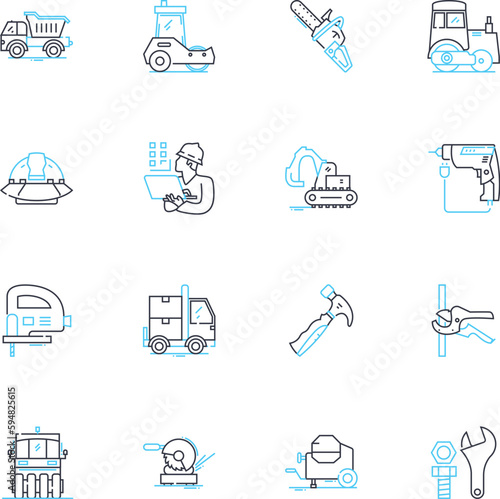 Fabrication linear icons set. Welding, Machining, Cutting, Forming, Assembly, Fabricating, Milling line vector and concept signs. Grinding,Punching,Stamping outline illustrations