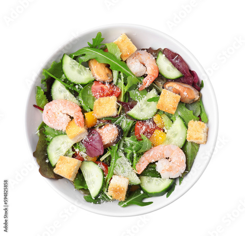 Delicious salad with croutons, cucumber and shrimp isolated on white, top view