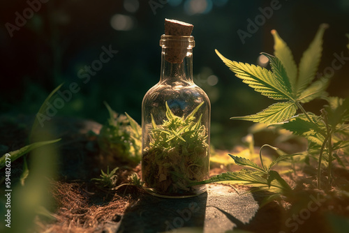 Cannabis oil in a glass bottle on a leaf on a sunlight background. generative AI