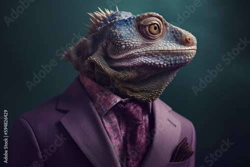 Anthropomorphic chameleon dressed in a suit like a businessman. business concept. AI generated  human enhanced