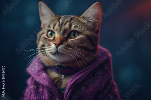 Anthropomorphic cat dressed in human clothing. humanized animal concept. AI generated  human enhanced