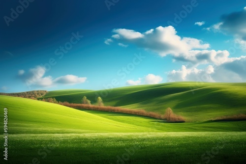 spring landscape with rolling green hills and light blue sky. AI generated  human enhanced.