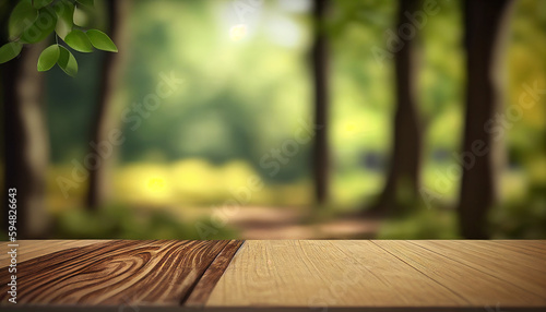 Empty wooden table with blurred nature background, planks against a blurry nature background, Generative AI