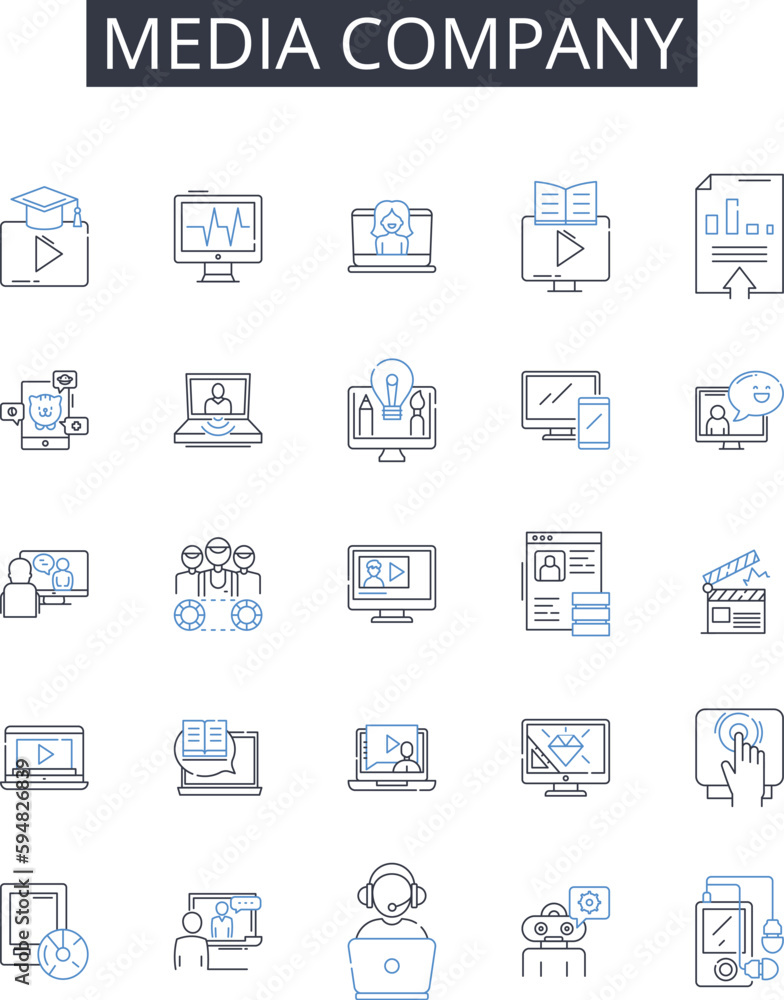 Media company line icons collection. Advertising firm, News outlet, Television nerk, Publishing house, Press agency, Film studio, Broadcasting company vector and linear illustration. Content provider Media company line icons collection. Advertising firm, News outlet, Television nerk, Publishing house, Press agency, Film studio, Broadcasting company vector and linear illustration. Content provider