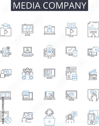 Media company line icons collection. Advertising firm, News outlet, Television nerk, Publishing house, Press agency, Film studio, Broadcasting company vector and linear illustration. Content provider