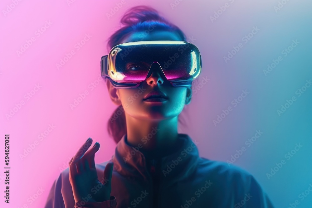 Young woman wearing virtual reality glasses in neon colors. AI generated, human enhanced. Young woman wearing virtual reality glasses in neon colors. AI generated, human enhanced.