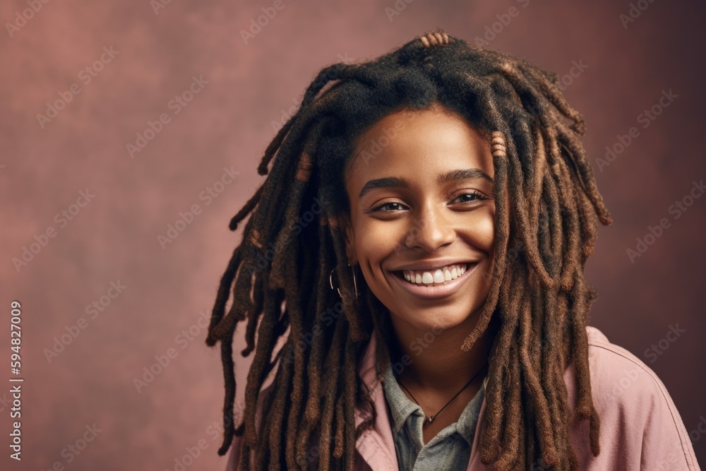 Portrait of a african woman with dreadlocks smiling at the camera in a studio. AI generated, human enhanced Portrait of a african woman with dreadlocks smiling at the camera in a studio. AI generated, human enhanced