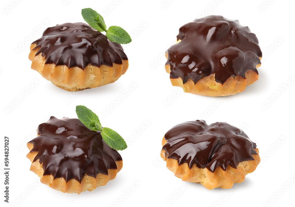 Set of delicious profiteroles covered with chocolate on white background, different sides