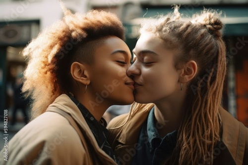 Young lesbian couple in their moment of intimacy at night in the street. AI generated, human enhanced