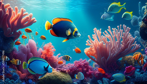 Coral reef in the sea, colorful fish in the underwater realm ecosystem, Generative AI © drizzlingstarsstudio