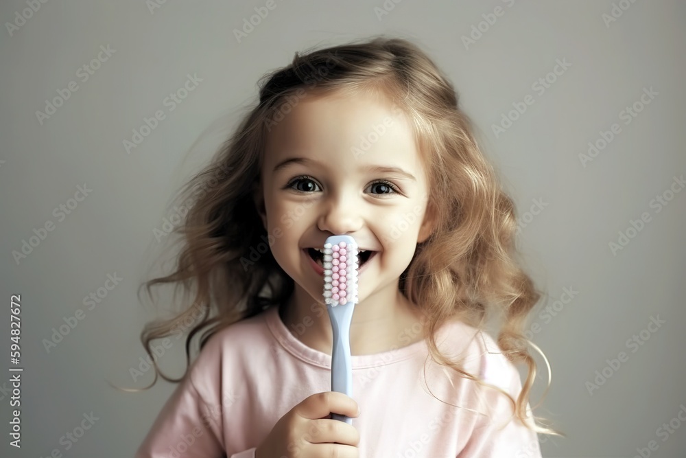 Little girl holding toothbrush and looking at camera. Isolate studio shot background. Generative AI