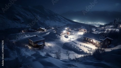 A village at night full of white snow with several houses illuminated at night, terragen style, mountainous views