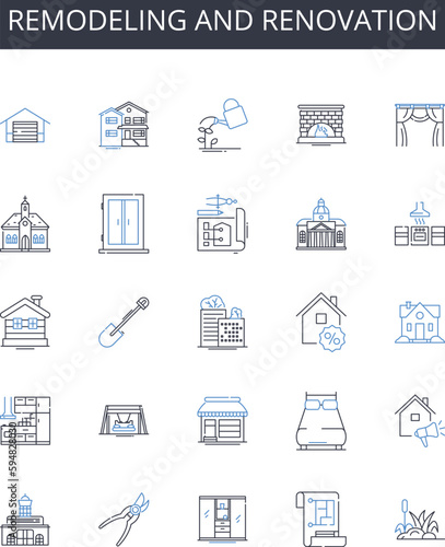 Remodeling and renovation line icons collection. Refurbishing, Revamping, Revitalizing, Restoring, Updating, Modernizing, Redecorating vector and linear illustration. Rejuvenating,Rehabilitating