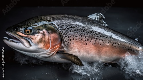 Raw fresh organic salmon on ice on a dark slate, black background. AI