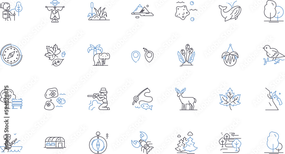 Exotic paradise line icons collection. Palm trees, Island, Beach, Blue, Sun, Tourists, Relaxing vector and linear illustration. Sun-tanning,Waterfalls,Bliss outline signs set