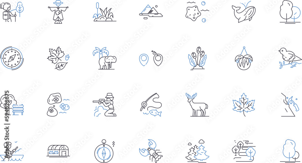 Fototapeta premium Exotic paradise line icons collection. Palm trees, Island, Beach, Blue, Sun, Tourists, Relaxing vector and linear illustration. Sun-tanning,Waterfalls,Bliss outline signs set