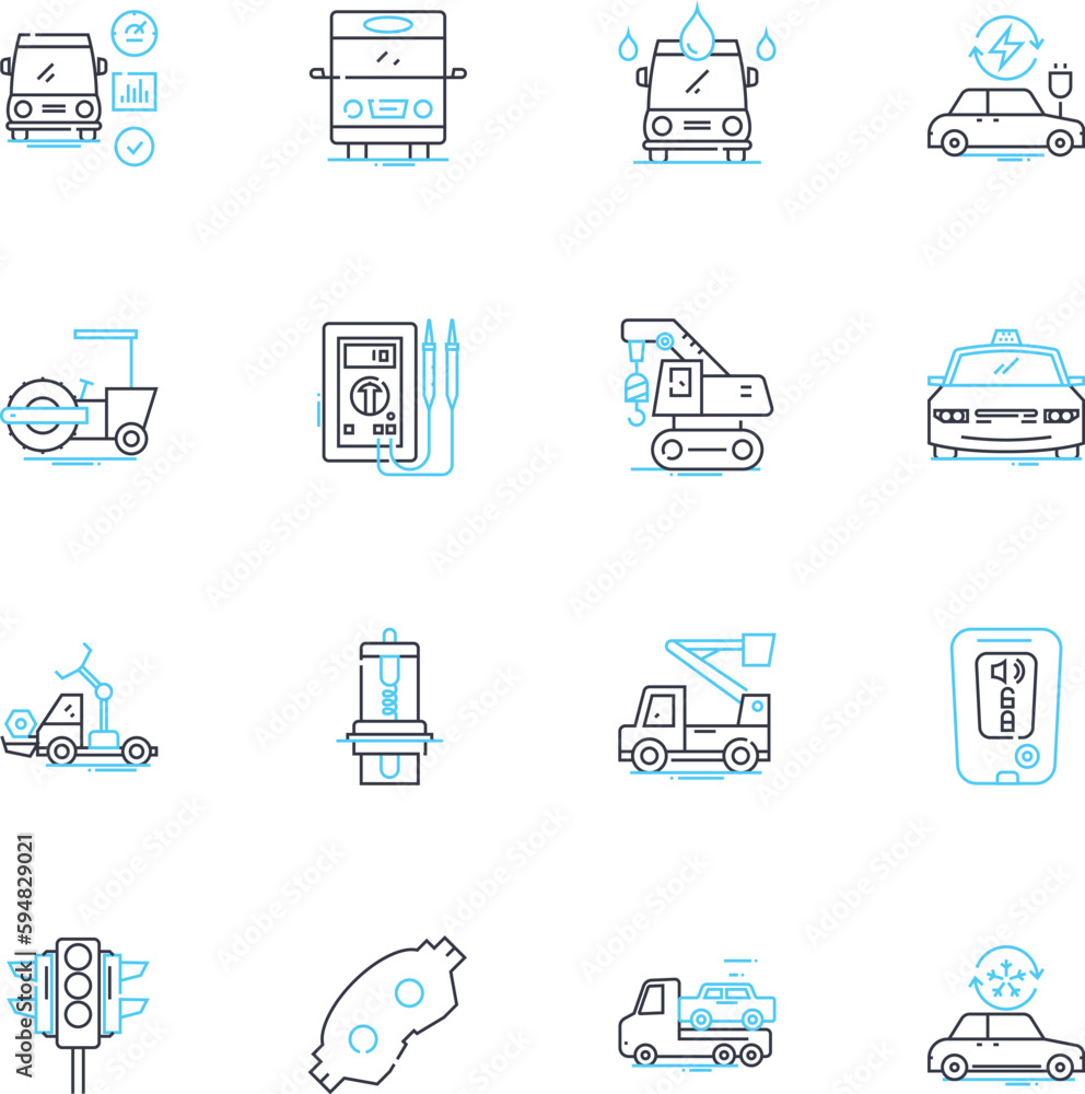 Vehicle compnts linear icons set. Engine, Transmission, Suspension, Brakes, Wheels, Exhaust, Battery line vector and concept signs. Alternator,Radiator,Fuel outline illustrations Vehicle compnts linear icons set. Engine, Transmission, Suspension, Brakes, Wheels, Exhaust, Battery line vector and concept signs. Alternator,Radiator,Fuel outline illustrations