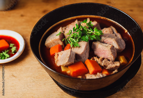 pork meat stew with vegetables served in a bowl as a dinner, restaurant dish, generative AI