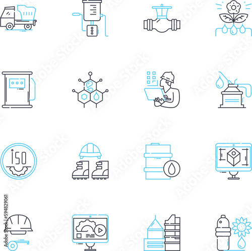 Production plant linear icons set. Machinery, Assembly, Automation, Conveyor, Line, Factory, Mass production line vector and concept signs. Equipment,Efficiency,Manufacturing outline illustrations