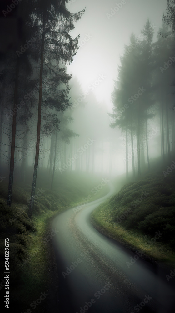 Mist path to unknown place. Road with curves to unknown destination. S-curve way in the forest surreal color. 3D realistic illustration. Creative AI Mist path to unknown place. Road with curves to unknown destination. S-curve way in the forest surreal color. 3D realistic illustration. Creative AI