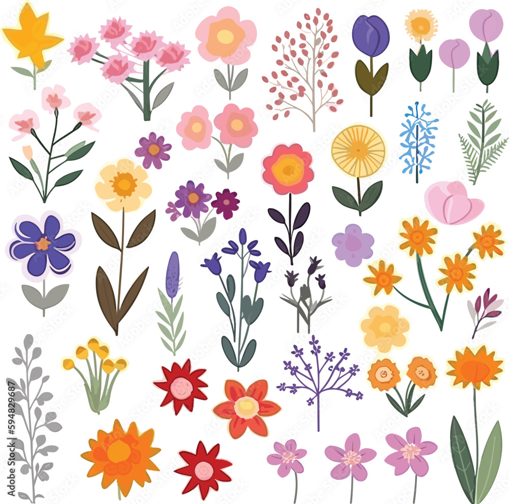 Vector flower illustration art, graphics flowers icons set. vintage vector flower clipart, vector flowers flat style artwork design