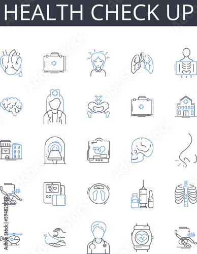 Health check up line icons collection. Medical exam, Physical test, Wellness assessment, Health evaluation, Medical check, Physical screening, Medical testing vector and linear illustration. Well