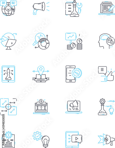Advertising message linear icons set. Persuasion, Appeal, Branding, Communication, Marketing, Promotion, Message line vector and concept signs. Hype,Attention-grabbing,Enticing outline illustrations