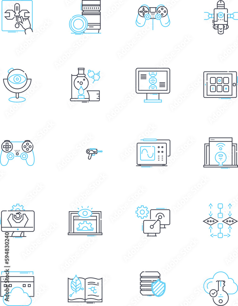 Intercontinental science linear icons set. Quantum, Experiment, Astronomy, Astrobiology, Geology, Metallurgy, Nanotechnology line vector and concept signs. Biophysics,Ecology,Genetics outline