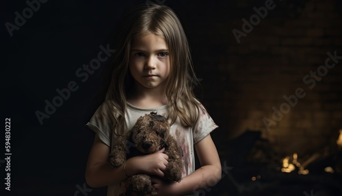 adorable girl holding a teddy bear in the middle of buildings wreckage,natural disaster or war victim, homeless child, ai generative illustration, orphan