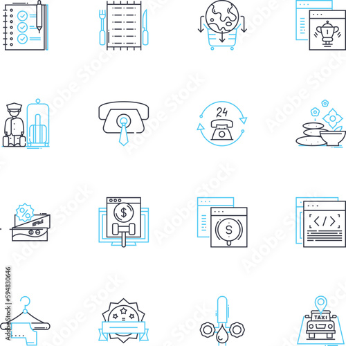 Guest relations linear icons set. Interaction, Experience, Engagement, Hospitality, Feedback, Communication, Welcoming line vector and concept signs. Service,Satisfaction,Empathy outline illustrations