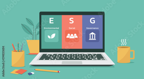 ESG environment social governance investment business strategy on laptop computer screen concept with icons, vector flat illustration