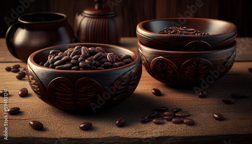 Coffee beans in tiny wooden bowls on an antique wooden background, Generative AI