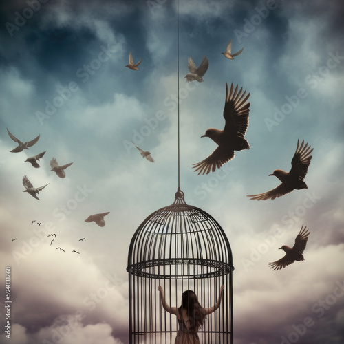 This is a conceptual image relating to addiction and freedom with a woman trapped inside a cage with birds flying free around her