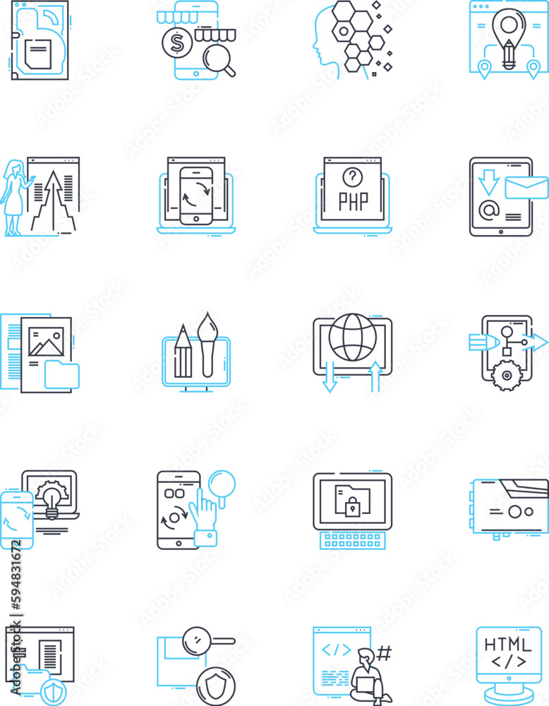 Business strategy linear icons set. Innovation, Agility, Flexibility, Adaptability, Resilience, Differentiation, Optimization line vector and concept signs. Synergy,Scale,Diversification outline