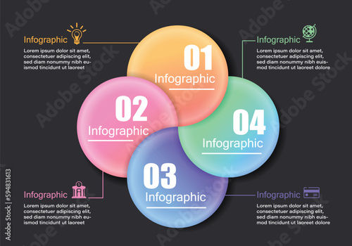 Vector infographic styled like a flower or propeller describing 4 planning steps laid out on a dark gray background with space to describe any financial education or management presentation.