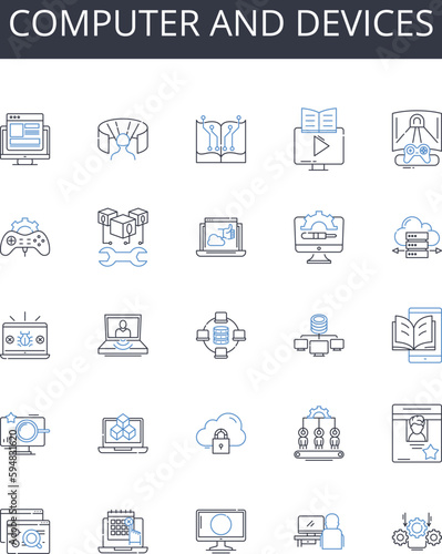 Computer and devices line icons collection. PC, laptop, tablet, smartph, smartwatch, desktop, server vector and linear illustration. gaming console,router,modem outline signs set