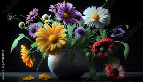 Bouquet of yellow tulips in vase, Vase filled with vibrant flowers, Generative AI