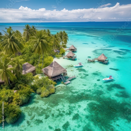 idyllic aerial view of a secluded tropical island resort luxury overwater bungalows nestled among palm trees, pristine turquoise waters rich with coral reefs, perfect paradise vacation destination © DigitalArt