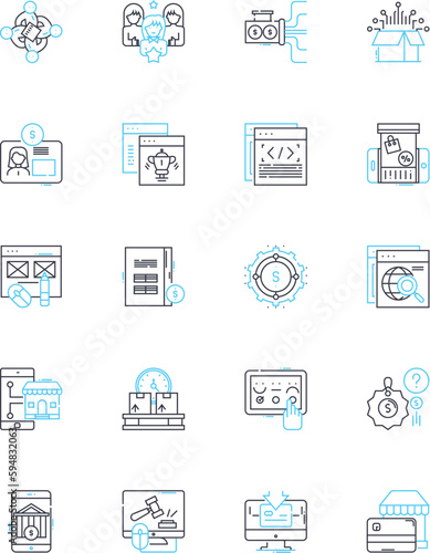 Digital bazaar linear icons set. E-commerce, Marketplace, Encryption, Cryptocurrency, Blockchain, Trading, Digitalization line vector and concept signs. Online,Platform,Merchants outline illustrations