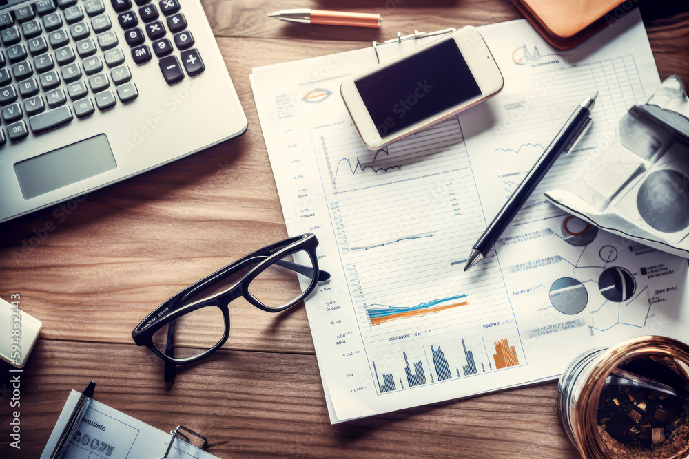 business objetcs in a wooden table, coffees and charts, pencils and projects, generative ai business objetcs in a wooden table, coffees and charts, pencils and projects, generative ai
