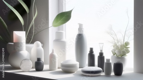 A beautiful group of skin care and beauty product bottles that are blank and ready for text or your label. Generative AI. 