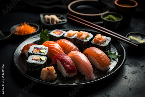 Flatlay top down view of a platter of Japanese sushi and sashimi with chopsticks on a black platter. Generative AI.