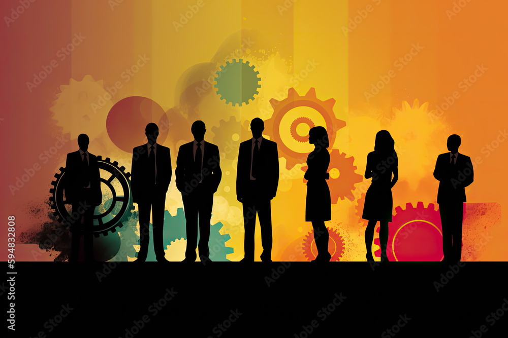 group of business and office people with gears illustration background, generative ai