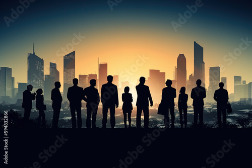 group of business team and office people with city landscape background, generative ai