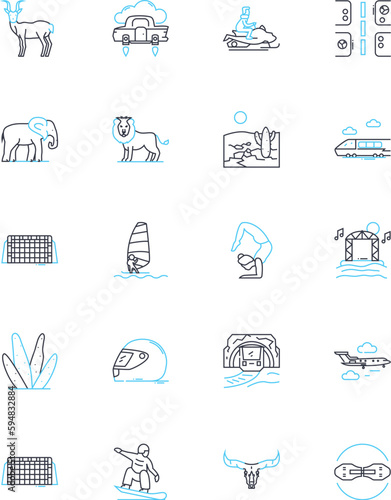 Wild expedition linear icons set. Adventure, Wildlife, Excitement, Survival, Exploration, Discovery, Nature line vector and concept signs. Expedition,Challenge,Danger outline illustrations