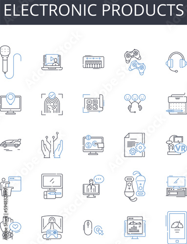 Electronic products line icons collection. Digital devices, Technological items, Electric goods, Cyber products, High-tech gadgets, Audio equipment, Smart devices vector and linear illustration. Tech