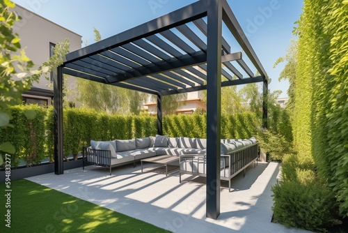 Stampa su tela Trendy outdoor patio pergola shade structure, awning and patio roof, garden lounge, chairs, metal grill surrounded by landscaping
