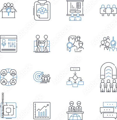 Collective discussion line icons collection. Dialogues, Brainstorming, Exchange, Debate, Groupthink, Deliberation, Interaction vector and linear illustration. Rapport,Feedback,Accountability outline