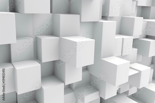 Random shifted rotated white cube boxes block background wallpaper banner with copy space. Generative AI © Mia
